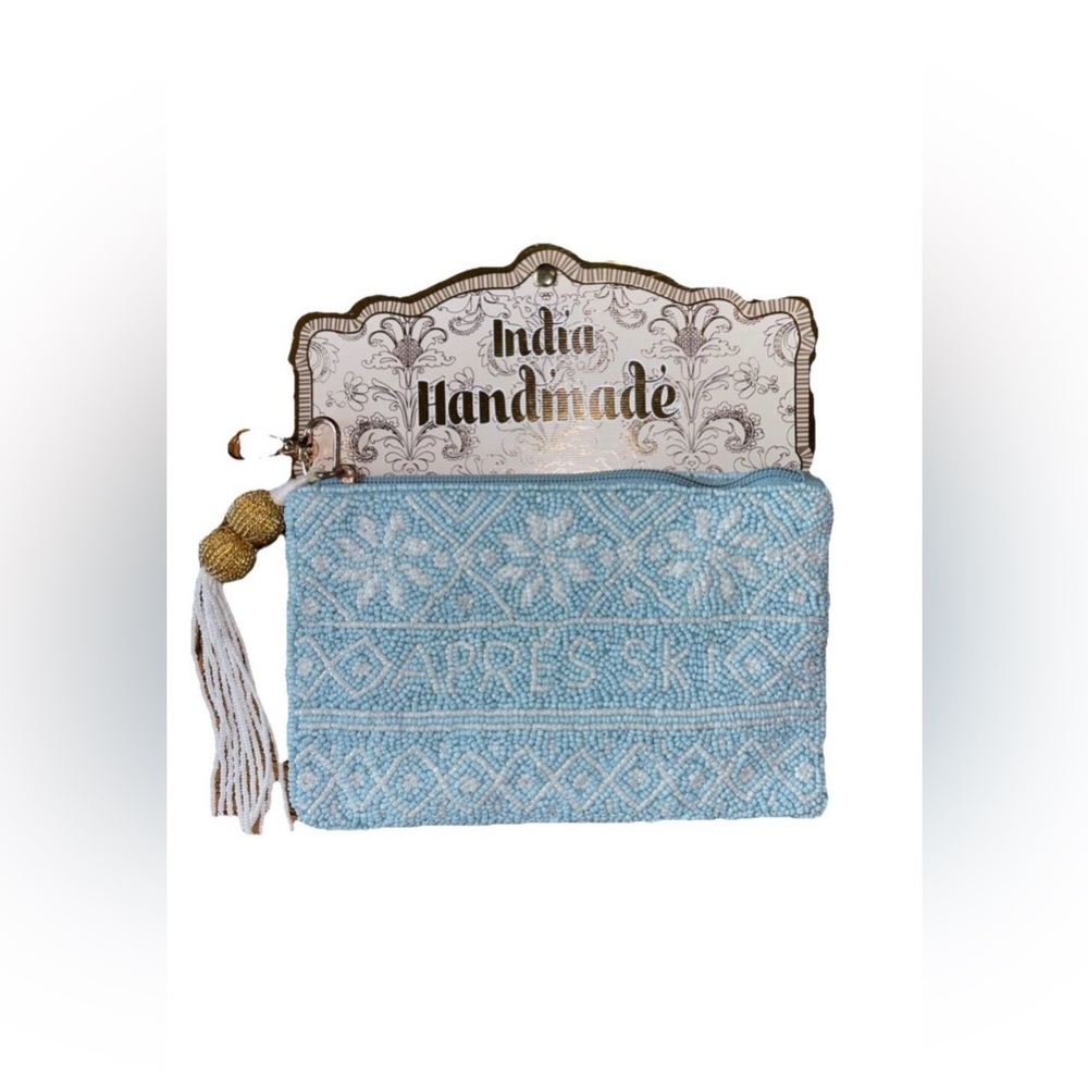 India Handmade Blue White Beaded Apres Ski Money Bag Winter Snowflakes 7.5x5 NWT